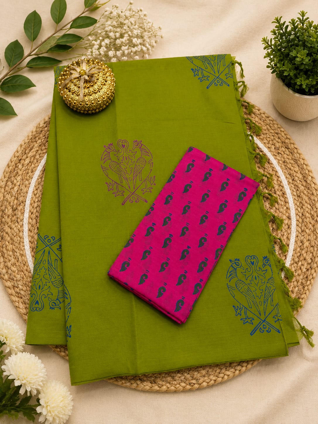 southcottonmix block printed saree with self and contrast blouse